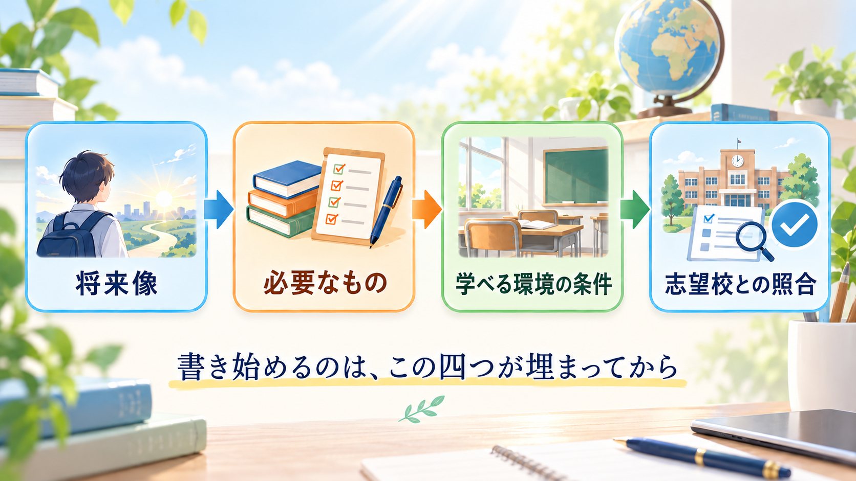 将来像、必要なもの、学べる環境の条件、志望校との照合を左から右へ矢印でつないだ、逆算の四手順の図